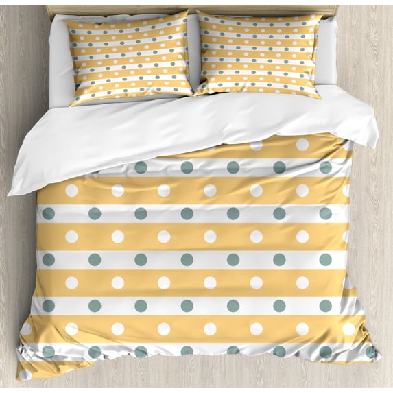 Yellow and White Duvet Cover Set, Horizontal Bold Stripes with Polka Dots Old Fashioned Tile, Decorative 3 Piece Bedding Set with 2 Pillow Shams, King Size, Almond Green Apricot, by Ambesonne