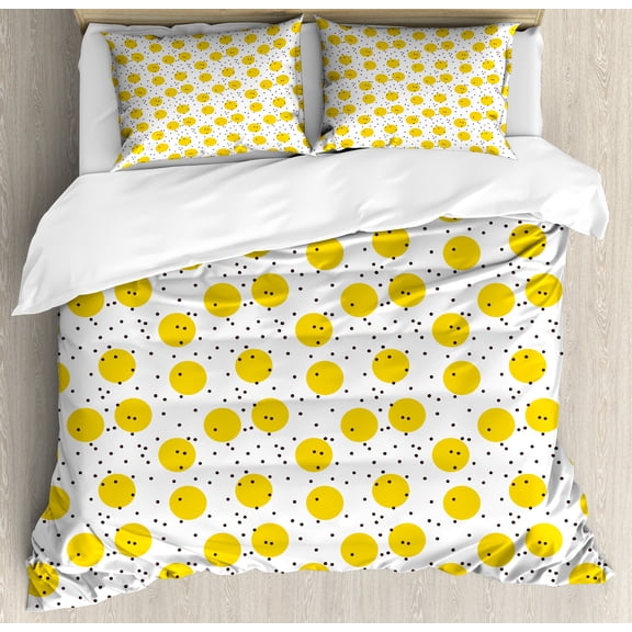 Yellow and White Duvet Cover Set, Minimalist Modern Geometric Big Circles Rounds and Dots Retro, Decorative 3 Piece Bedding Set with 2 Pillow Shams, King Size, Marigold and Black, by Ambesonne