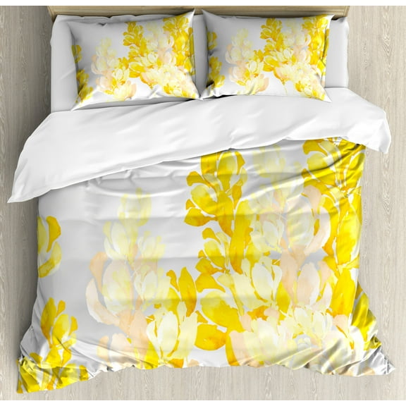 Yellow and White Duvet Cover Set Queen Size, Watercolor Art Style Blossoming Wild Flowers Spring Meadow Botany Nature, Decorative 3 Piece Bedding Set with 2 Pillow Shams, Yellow White, by Ambesonne