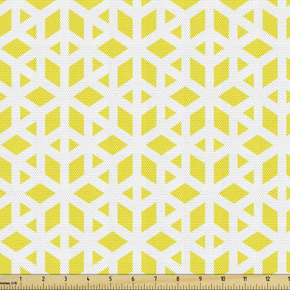 Yellow and White Fabric by the Yard, Geometric Shapes Rhombus Pattern and Triangles Monochrome Graphic, Decorative Upholstery Fabric for Sofas and Home Accents, 3 Yards, Yellow and White by Ambesonne