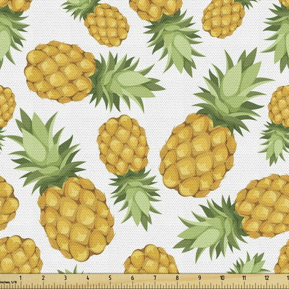 Yellow and White Fabric by the Yard, Pineapples Tropical Climate Fruits Ripe Juicy Food, Upholstery Fabric for Dining Chairs Home Decor Accents, 1 Yard, Earth Yellow Green White by Ambesonne