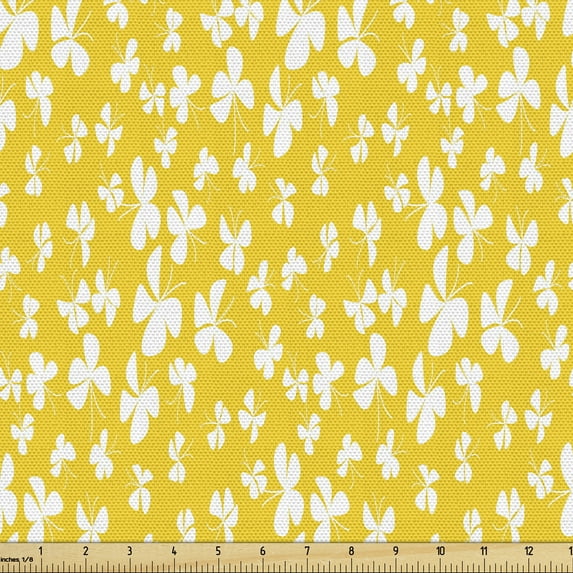 Ambesonne Yellow and White Fabric by the Yard Upholstery, Butterflies Design, 1 Yard, Earth Yellow and White