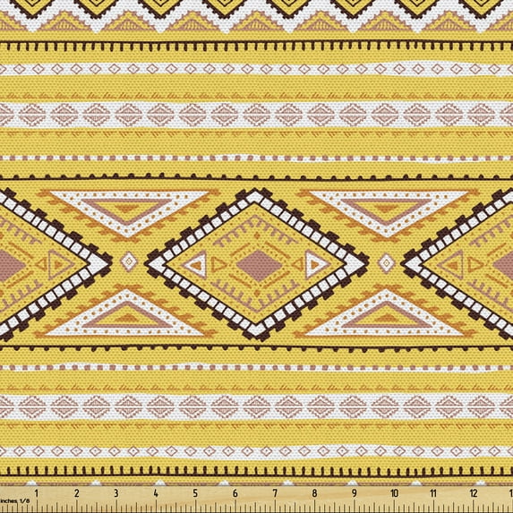 Ambesonne Yellow and White Fabric by the Yard Upholstery, Tribal Timeless, 2 Yards, Yellow Blush Brown
