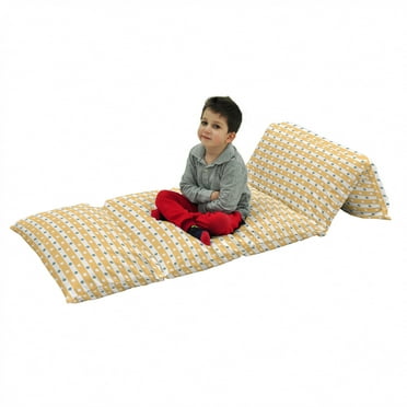Yellow and White Floor Pillow Lounger Cover, Horizontal Bold Stripes with Polka Dots Old Fashioned Tile, Nap Mat Printed Fabric Case for 5 Pillows, 88" x 27", Almond Green Apricot, by Ambesonne