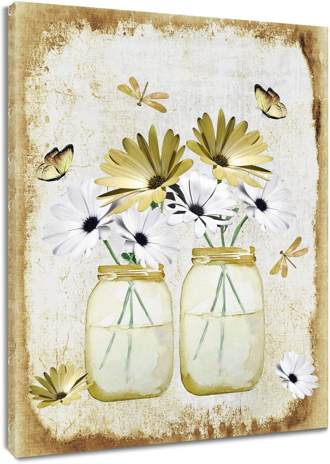 Yellow and White Floral Canvas Wall Art Butterfly Dasiy Flower Poster ...