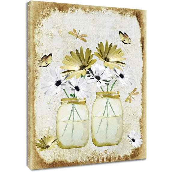 Yellow and White Floral Wall Art Butterfly Dragonfly Unframed Poster Farmhouse Vertical Canvas Prints Wall Decor for Bathroom Living Room Bedroom Kitchen Office,12Wx12L inch