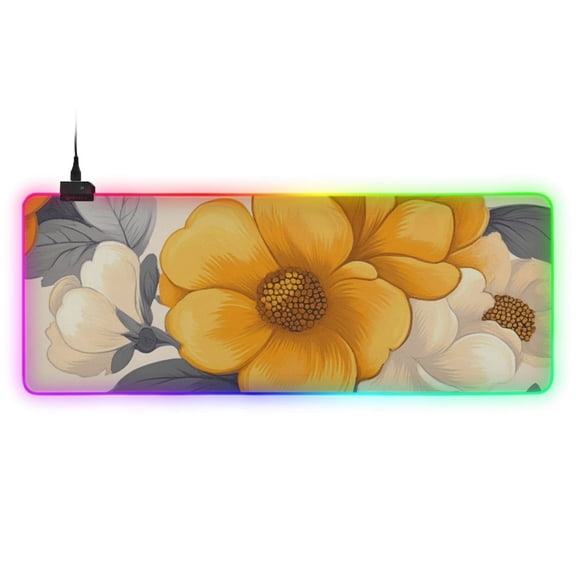 Yellow White Flower Gray Leaf RGB Gaming Mouse Pad Large Keyboard Mat Rubber Base 13 Light Modes