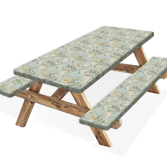 Yellow White Flower Leaf Picnic Table Cover with Bench Covers,Wildflower Rustic Vintage Party Decor,Elastic Fitted Tablecloths for 6 Ft Rectangle Tables and Seats,with Drawstring Bag(30x72 Inches)