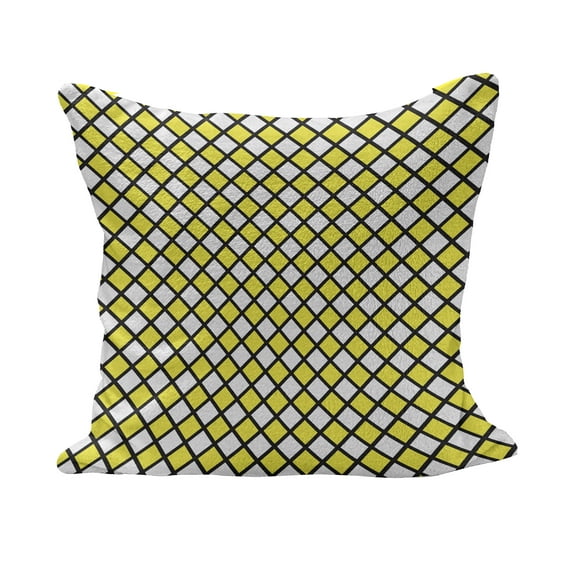 Yellow and White Fluffy Throw Pillow Cushion Cover, Old Fashioned Checkered Pattern Black Lines Geometrical Squares, Decorative Square Accent Pillow Case, 16" x 16", Yellow White Black, by Ambesonne