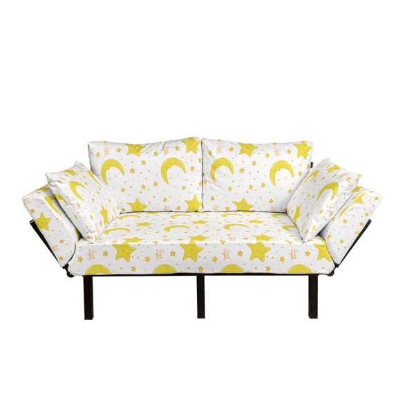 Yellow and White Futon Couch, Sleeping Crescent Moon and Stars Pattern Night Time Cartoon Illustration, Daybed with Metal Frame Upholstered Sofa for Living Dorm, Loveseat, Yellow White, by Ambesonne
