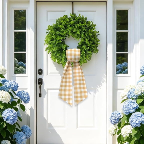 Yellow and White Gingham Wreath Sash for Front Door, Fall Thanksgiving Christmas Halloween Buffalo Check Plaid Ribbon Bow for Farmhouse Autumn Decor