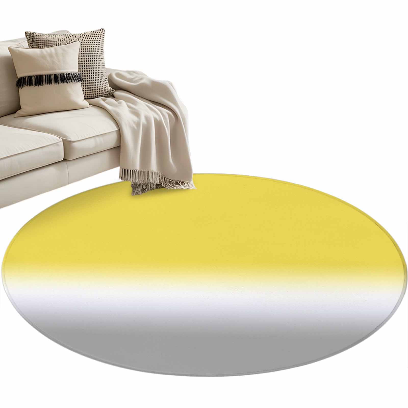 Yellow White Grey Ombre Round Area Rug 4 FT, Non Slip Indoor Outdoor Rug, Modern Abstract Aesthetics Washable Soft Circular Carpet Non-Shedding Floor Mat for Coffee Table Nursery Foyer Balcony