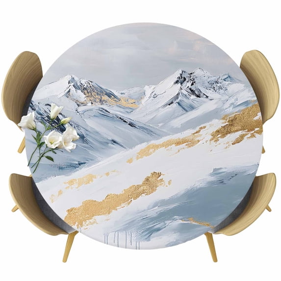 Yellow White Mountain Round Tablecloth 36-44 Inch Round Fitted Table Cloth with Elastic Edge, Contemporary Abstract Oil Painting Waterproof Table Cover Protector for Outdoor Picnic Party Dining