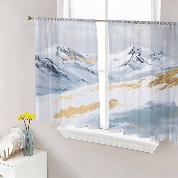 Yellow White Mountain Sheer Curtains 54 Inch Length 2 Panels Set, Contemporary Abstract Oil Painting Voile Window Treatment Rod Pocket Short Kitchen Curtains Drapes for Bedroom 52"x54"x2