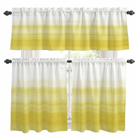 Yellow White Ombre Kitchen Curtains Sets for Windows 36 Inch Length, Farmhouse Funny Gradient Striped Rod Pocket Window Treatments Tier Curtains and Valances Set for Bedroom/Bathroom