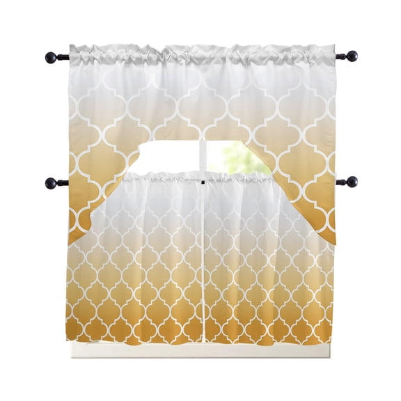 Yellow White Ombre Morocco Pattern Kitchen Curtains Set for Windows 3 Piece Cafe Curtains 36 Inch Length Swag Curtains Valances and Tier Set Modern Moroccan Geometric Drapes for Bedroom Bathroom