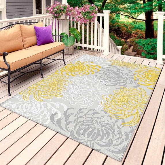 Yellow White Outdoor Rug for Patio/Deck/Porch, Non-Slip Large Area Rug 5 x 8 Ft, Abstract Grey Chrysanthemum Flower Floral Indoor Outdoor Rugs Washable Area Rugs, Reversible Camping Rug Carpet Runner