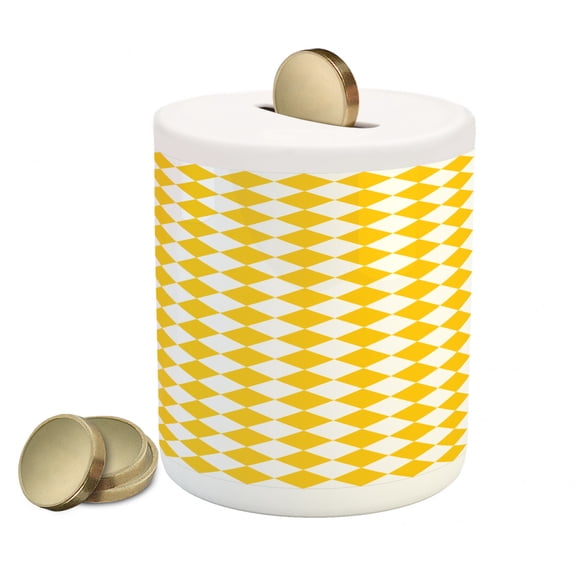 Yellow and White Piggy Bank, Diagonal Checkered Old Fashioned Retro Style Grid Mosaic Pattern, Ceramic Coin Bank Money Box for Cash Saving, 3.6" X 3.2", Yellow and White, by Ambesonne