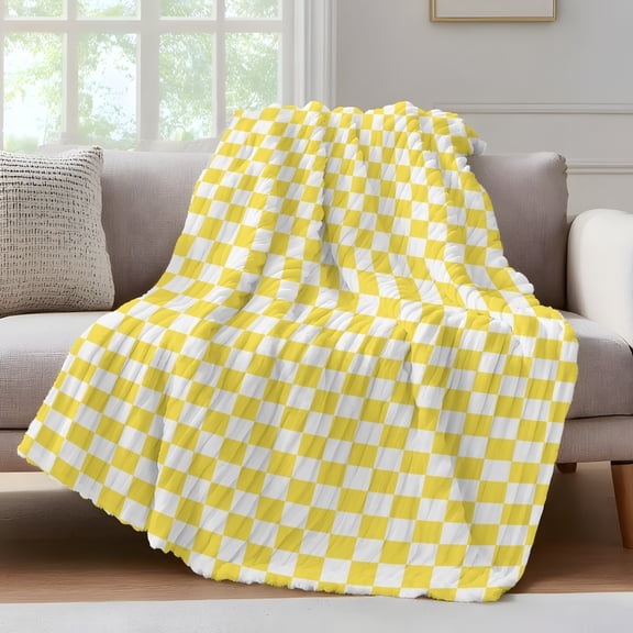 Yellow White Plaid Fleece Throw Blanket for Couch, Modern Retro Geometric Checkered Microfiber Flannel Blanket for All Season, Lightweight Fuzzy Plush Throw Blankets for Gifts, Office, 40"x50"
