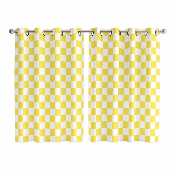 Yellow White Plaid Kitchen Curtains 72 Inch Length, Modern Retro Geometric Checkered Grommet Top Bedroom Living Room Curtains, Light Filtering Cafe Curtain Drapes 2 Panels Set 104''x72''