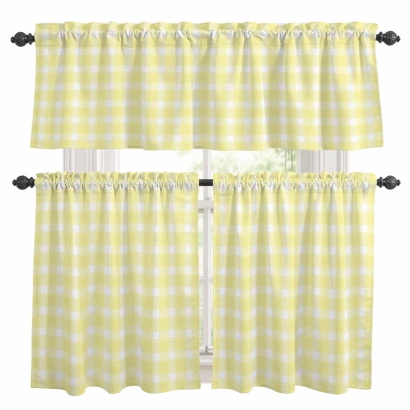 Yellow White Plaid Kitchen Curtains Set for Windows, Farmhouse Rustic Country Checkerboard Pattern Curtains Valance and Tier 3 Piece Set Small Drapes 24 Inch Length for Kitchen Bedroom Decor