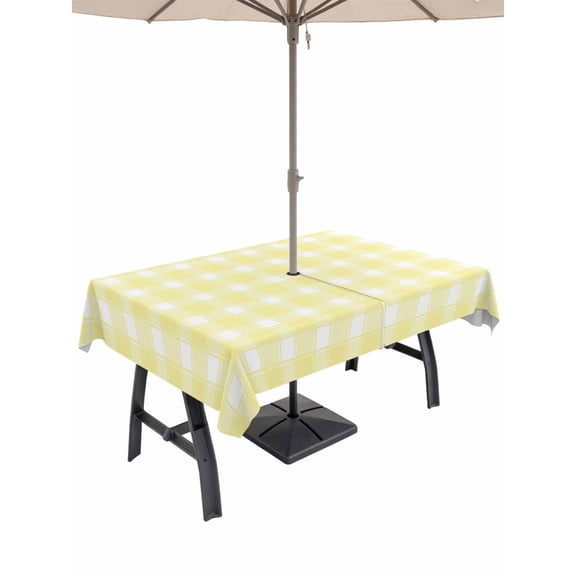 Yellow White Plaid Outdoor Rectangle Tablecloth with Umbrella Hole 60"x84", Farmhouse Rustic Country Checkerboard Pattern Waterproof Zippered Table Cloth Wrinkle Free Wipeable Desk Covers for Patio