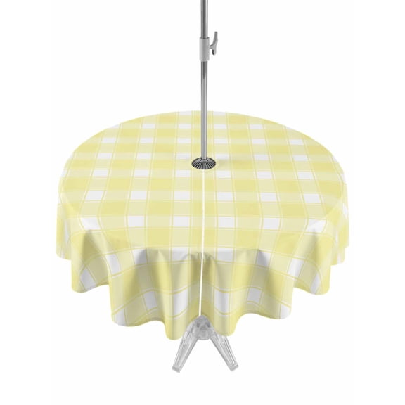 Yellow White Plaid Outdoor Round Tablecloth with Umbrella Hole 60", Farmhouse Rustic Country Checkerboard Pattern Waterproof Zippered Table Cloth Wrinkle Free Wipeable Desk Covers for Patio Party