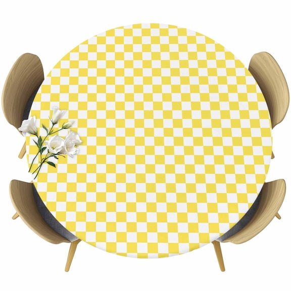 Yellow White Plaid Round Fitted Tablecloth with Elastic Edge, Simple Background Pastoral Style Stretch Table Covers for 36"-44" Tables Wipeable Table Cloth for Outdoor