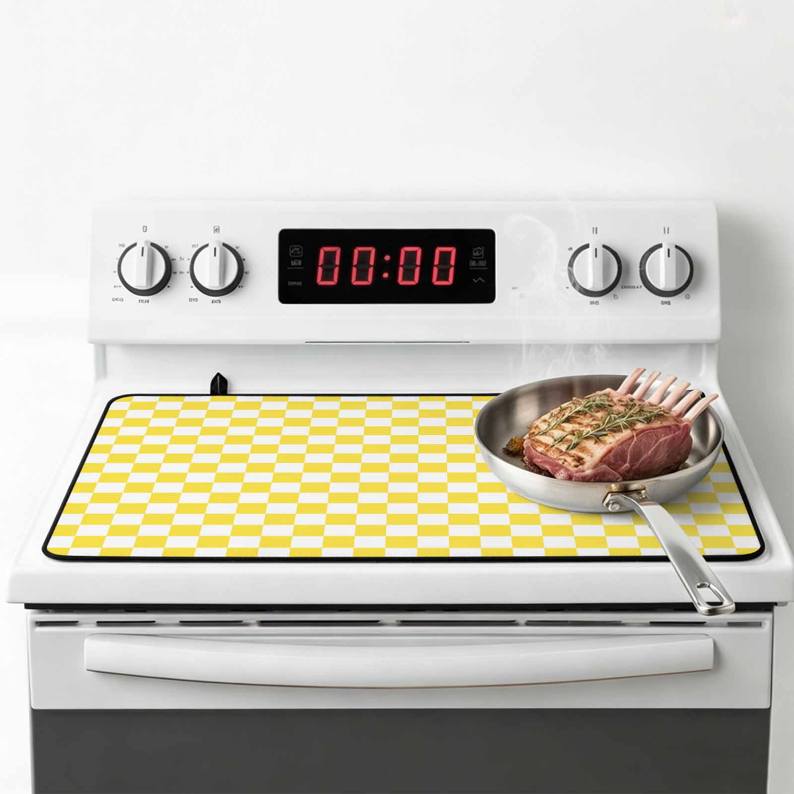 Yellow White Plaid Stove Top Cover for Electric Stove, Heat-proof & Non Slip Glass Top Stove Cover Protector, Modern Retro Geometric Checkered Kitchen Flat Cooktop Rubber Mat 31x24 Inches