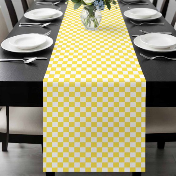 Yellow White Plaid Table Runner 36 Inches Long, Modern Retro Geometric Checkered Kitchen Coffee Dining Table Decoration for Home Party Birthday Wedding Home Decor 13x36 Inches