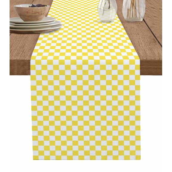 Yellow White Plaid Table Runner Cotton Linen 48 Inch Holiday Dresser Scarves, Modern Retro Geometric Checkered Tablerunner for Kitchen Coffee Dining Bedroom Living Room Dinner Scarf Décor 13''x48''