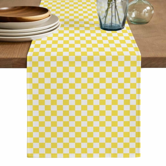 Yellow White Plaid Table Runner, Modern Retro Geometric Checkered Washable Cotton Linen Table Runners 48 Inches Long, Dresser Scarf Runner for Nightstand/Coffee/End Tables 13''x48''
