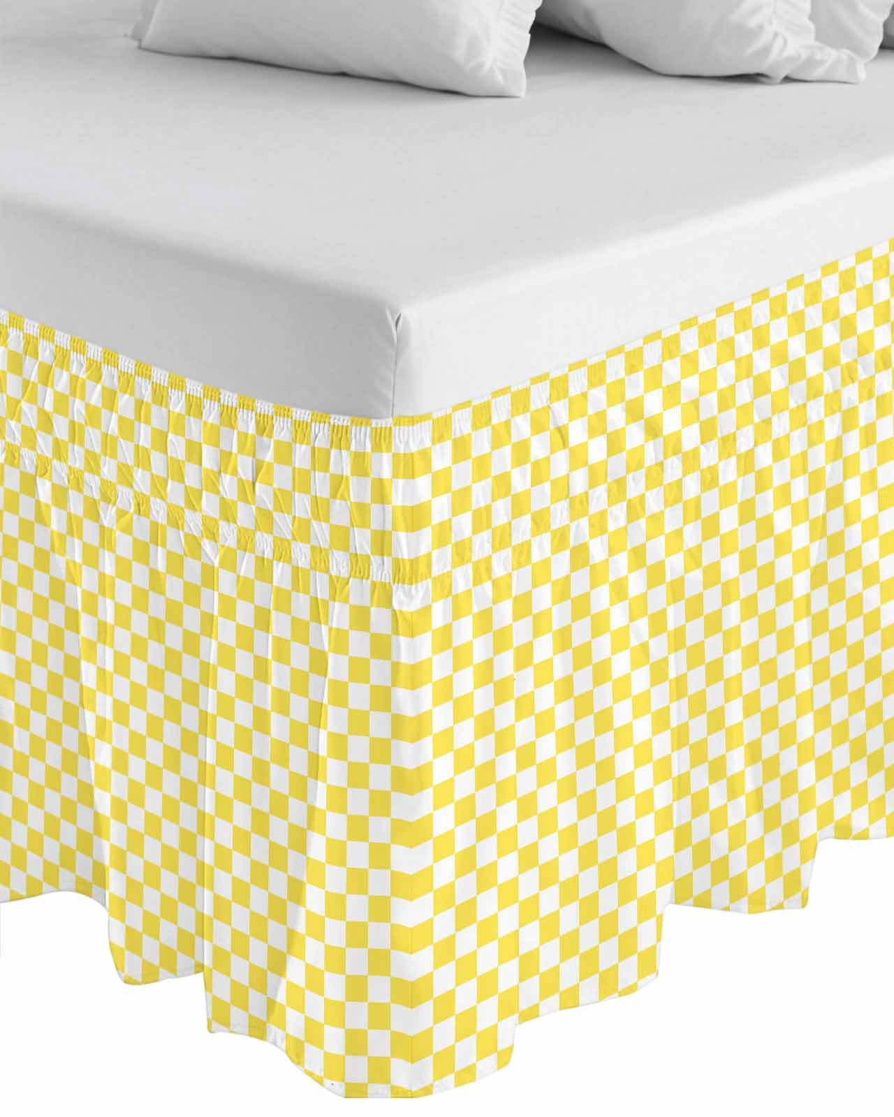Yellow White Plaid Wrap Around Bed Skirts for Queen Bed 18" Drop,Bed Skirt with Adjustable Elastic Belt Dust Ruffle Bed Valance for Bedroom Hotel Modern Retro Geometric Checkered Bed Frame Cover