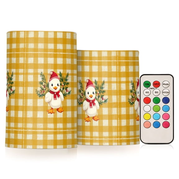Yellow White Plaids Ducks with Christmas Hat Leaves Flickering Flameless Candles LED Tealight Battery Operated with Remote Set of 2 Holiday Decor Ornaments