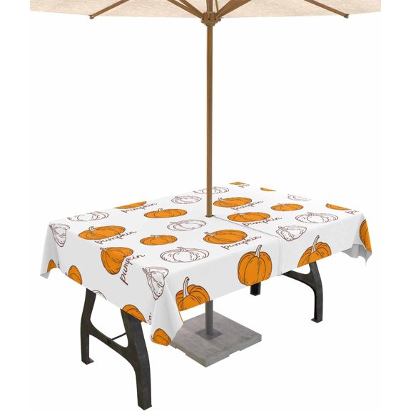 Yellow White Pumpkins Fall Outdoor Tablecloth with Umbrella Hole & Zipper, Thanksgiving Cartoon Botanical Rectangle Table Cover 60x102 Inch, Dining Waterproof Table Cloth for Patio
