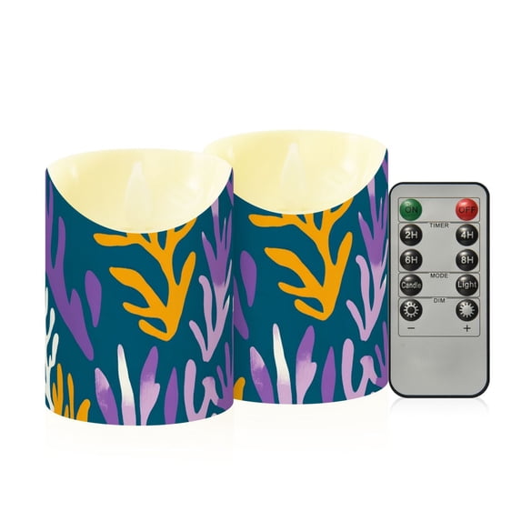 Yellow White Purple Corals Flickering Flameless Candles with Remote Timer Battery Operated LED Tealight Set of 2 S
