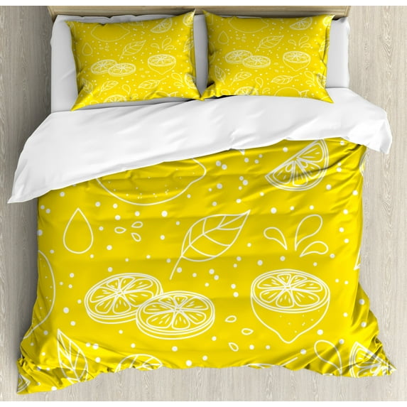Yellow and White Queen Size Duvet Cover Set, Fresh Artistic Pattern Juicy Lemons Organic Citrus Ripe Fruit Vegetarian, Decorative 3 Piece Bedding Set with 2 Pillow Shams, Yellow White, by Ambesonne
