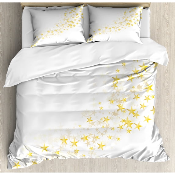 Yellow and White Queen Size Duvet Cover Set, Yellow Stars Flowing Over the White Backdrop Magic Galaxy Celebration, Decorative 3 Piece Bedding Set with 2 Pillow Shams, Yellow White, by Ambesonne