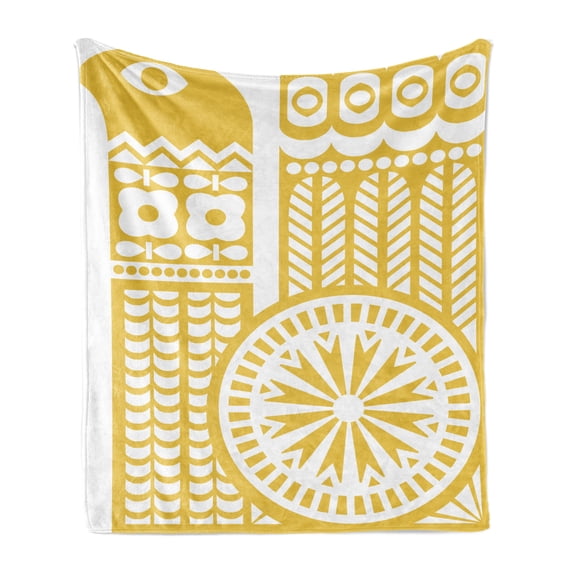 Yellow and White Soft Flannel Fleece Blanket, Abstract Bird in Scandinavian Folkloric Style Retro Design Floral Motif, Cozy Plush for Indoor and Outdoor Use, 50" x 70", Mustard White, by Ambesonne