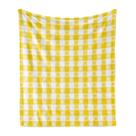 Yellow and White Soft Flannel Fleece Blanket, Checkered Motif with Little Spring Blooms Classic Country Picnic Pattern, Cozy Plush for Indoor and Outdoor Use, 50" x 70", Yellow White, by Ambesonne