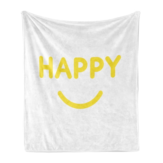 Yellow and White Soft Flannel Fleece Blanket, Happy Word with a Smiling Mouth Flat Design Illustration Joyous Mood, Cozy Plush for Indoor and Outdoor Use, 50" x 60", Yellow and White, by Ambesonne