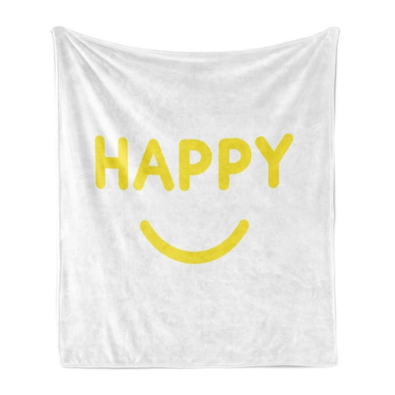 Yellow and White Soft Flannel Fleece Blanket, Happy Word with a Smiling Mouth Flat Design Illustration Joyous Mood, Cozy Plush for Indoor and Outdoor Use, 70" x 90", Yellow and White, by Ambesonne