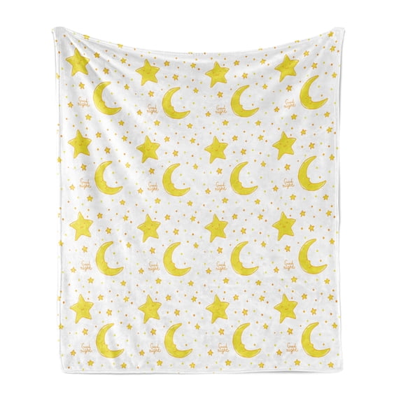 Yellow and White Soft Flannel Fleece Blanket, Sleeping Crescent Moon and Stars Pattern Night Time Cartoon Illustration, Cozy Plush for Indoor and Outdoor Use, 50" x 60", Yellow White, by Ambesonne