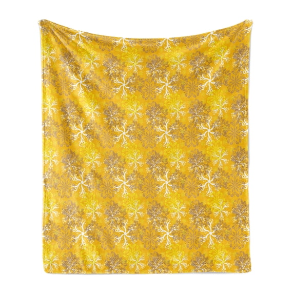 Yellow and White Soft Flannel Fleece Blanket, Snowflakes Design with Swirls and Curves on Yellow Toned Backdrop, Cozy Plush for Indoor and Outdoor Use, 50" x 70", Marigold Yellow Tan, by Ambesonne