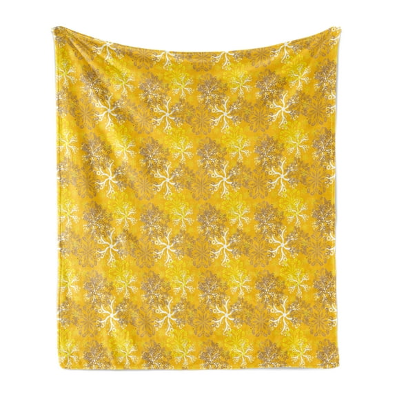 Yellow and White Soft Flannel Fleece Blanket, Snowflakes Design with Swirls and Curves on Yellow Toned Backdrop, Cozy Plush for Indoor and Outdoor Use, 60" x 80", Marigold Yellow Tan, by Ambesonne