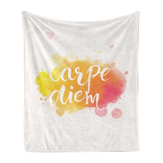 Yellow and White Soft Flannel Fleece Blanket, Watercolor Style with Carpe Diem Seize the Day Enjoy the Moment, Cozy Plush for Indoor and Outdoor Use, 50" x 60", Yellow Marigold Pink, by Ambesonne