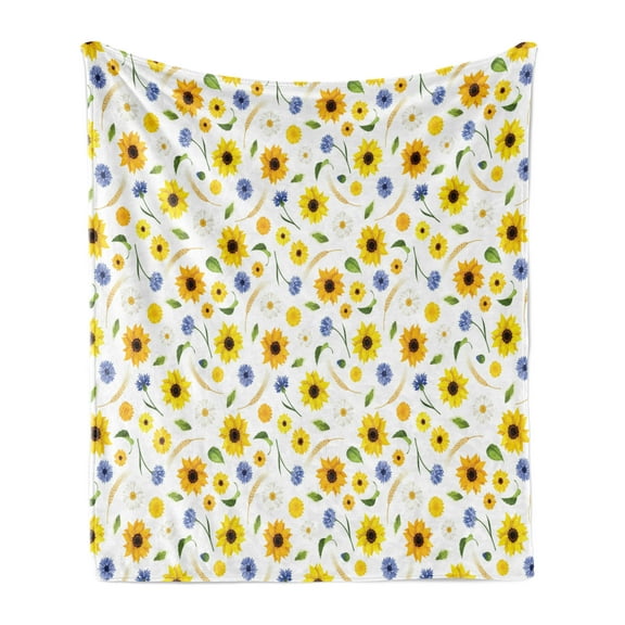 Yellow and White Soft Flannel Fleece Throw Blanket, Botanical Arrangement of Summer Flowers Wheat Daisy Blossoming Nature, Cozy Plush for Indoor and Outdoor Use, 60" x 80", Multicolor, by Ambesonne