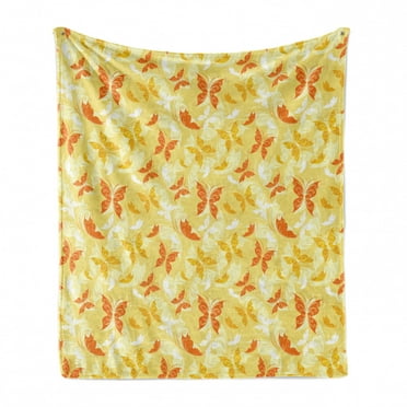 Yellow and White Soft Flannel Fleece Throw Blanket, Butterfly Pattern with Swirls Romantic Animals of Spring, Cozy Plush for Indoor and Outdoor Use, 50" x 70", Earth Yellow Orange, by Ambesonne