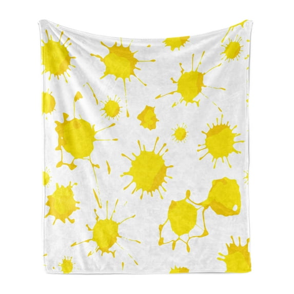 Yellow and White Soft Flannel Fleece Throw Blanket, Formless Random Color Blots Paint Splashes Modern Look Print, Cozy Plush for Indoor and Outdoor Use, 60" x 80", Yellow White, by Ambesonne