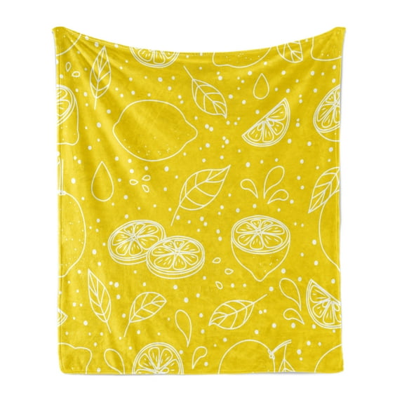 Yellow and White Soft Flannel Fleece Throw Blanket, Fresh Pattern Juicy Lemons Organic Citrus Ripe Fruit Vegetarian, Cozy Plush for Indoor and Outdoor Use, 50" x 70", Yellow White, by Ambesonne
